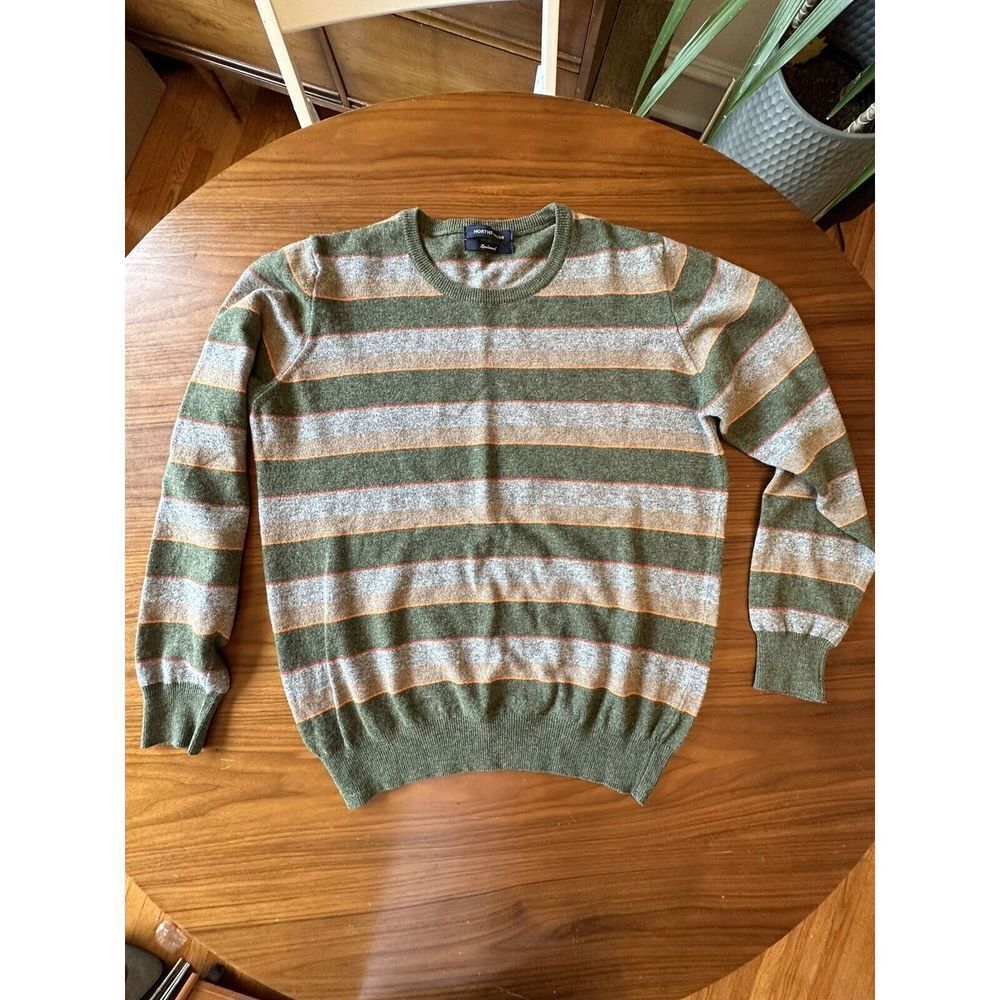 Vintage Lambswool Men’s North Field Sweater Striped Green Orange Grey Large (?)